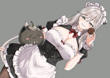 animal ears apron blush bow breasts catgirl cleavage corset dress food gray gray eyes gray hair hololive long hair maid pantyhose shishiro botan sketch tail wristwear zexalmike