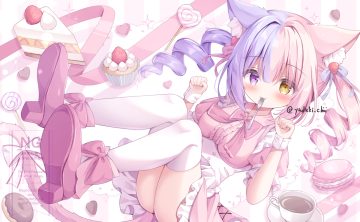 aliasing animal ears apron bicolored eyes blush bow cake candy catgirl cat smile dress drink food fruit lolita fashion lollipop long hair ribbons shirt signed strawberry tagme (artist) tagme (character) tail thighhighs twintails watermark wristwear