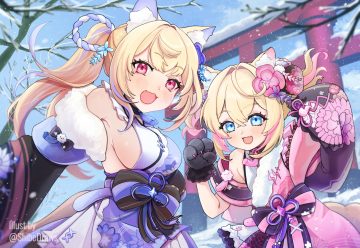 2girls animal ears blonde hair blue eyes blush bow breasts cat smile choker doggirl fang fuwawa abyssgard gloves hololive japanese clothes kimono long hair mococo abyssgard no bra pink eyes shibedraws sideboob snow tail torii tree twins twintails watermark winter