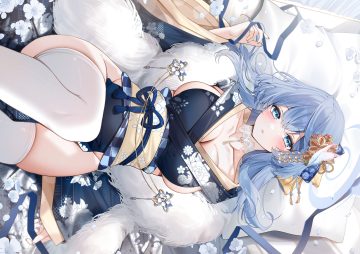 amau ako aqua eyes bed blue archive blue hair blush breasts choker cleavage flowers japanese clothes kimono long hair no bra nopan petals ribbons sideboob thighhighs yukineko1018
