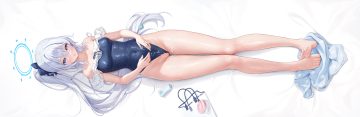 barefoot blue archive blush erect nipples gray hair halo houkisei long hair ponytail purple eyes pussy see through skintight swimsuit towel tsukiyuki miyako white