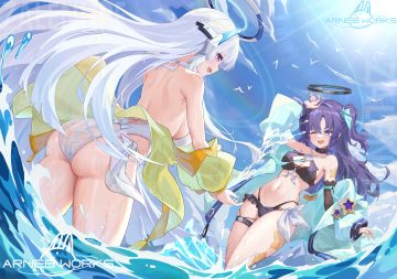 2girls aliasing ass bikini blue archive blush bow breasts choker cleavage clouds garter halo hayase yuuka lazgear long hair navel necklace purple eyes purple hair see through signed sky swimsuit twintails ushio noa water wet white hair wink