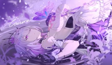 breasts butterfly caisena castorice (honkai: star rail) choker dress flowers gloves headdress honkai (series) honkai: star rail long hair pointed ears purple purple eyes signed