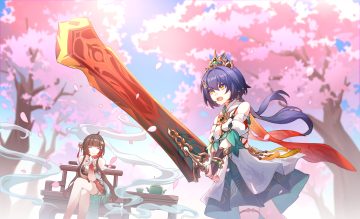 2girls blue hair brown hair cherry blossoms dress drink elbow gloves flowers garter gloves honkai (series) honkai: star rail lingsha (honkai: star rail) long hair petals ponytail sky sword tiara tree weapon wristwear yellow eyes yigexiaohao040 yunli (honkai: star rail)