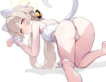 ajitani hifumi aliasing animal ears ass barefoot blue archive blush bra brown hair cameltoe catgirl halo headband long hair panties tail twintails underwear white wristwear yamada auto yellow eyes