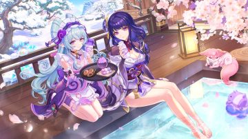2girls aliasing animal apron aqua hair aratakosu (tako's) barefoot bell bow breasts cherry blossoms choker cleavage drink flowers food fox genshin impact headdress japanese clothes kimono lolita fashion long hair onsen petals pointed ears purple eyes purple hair raiden shogun reflection sleeping snow tail tree water yae miko yumemizuki mizuki