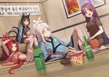 animal ears bandage barefoot black eyes black hair blue archive blush catgirl drink food fuwa renge goryou nagusa gray eyes gray hair group halo horns japanese clothes kadenokouji yukari kiryuu kikyou kokukyukeo loli multiple tails ponytail purple eyes purple hair red eyes red hair short hair shorts sleeping sunohara kokona tail towel