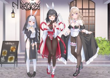 animal ears apron black hair blonde hair boots bow braids breasts building bunny ears bunnygirl cat smile cleavage cross garter hashiko nowoto headdress japanese clothes leotard long hair maid miko necklace nun original pantyhose purple eyes red eyes short hair skirt skirt lift socks stairs thighhighs twintails white hair wristwear yellow eyes