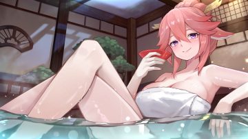 animal ears blush breasts cleavage drink foxgirl genshin impact onsen pink hair purple eyes sake towel tree wet yae miko yoshikawa hiro