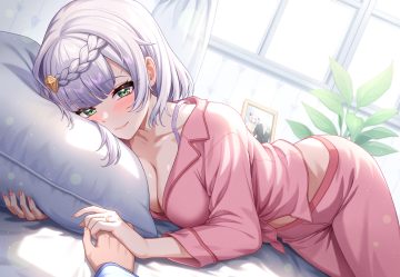 bed blush braids breasts cleavage genshin impact gray hair green eyes no-ba noelle (genshin impact) pajamas shirt short hair