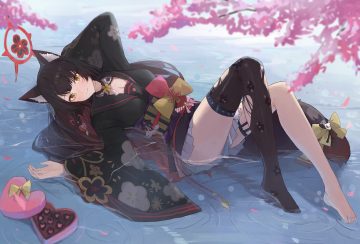 animal ears barefoot black hair blue archive blush bow breasts candy chocolate cleavage flowers foxgirl garter halo japanese clothes jianjia kimono kosaka wakamo long hair petals skirt tail thighhighs torn clothes valentine yellow eyes