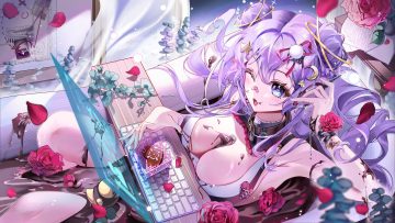 aliasing bath bathtub blush breasts chocolate cleavage collar computer fang fangwan flowers leaves long hair original paper petals purple eyes purple hair rose rubber duck valentine wink