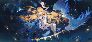 blonde hair bow dress gloves hat long hair magic night pantyhose phoebe (wuthering waves) purple eyes qianqianjie sky staff stars wuthering waves