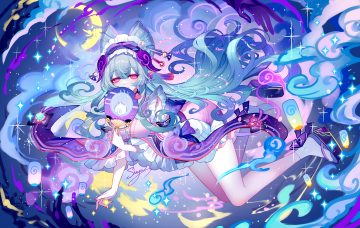 apron aqua hair bell bow choker fan genshin impact headdress heart japanese clothes kimono lolita fashion long hair magic moon pink eyes pointed ears ribbons sheya signed socks tail yumemizuki mizuki
