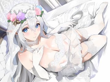 bed blue eyes blush dress elbow gloves flowers garter belt gloves gray hair headdress long hair original panties pointed ears see through stockings tomocha (tmc tmc8) underwear wedding attire