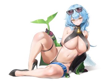 bell bikini blue hair breasts cameltoe choker cleavage garter gloves keibeam long hair orange eyes original spread legs sunglasses swimsuit white wings