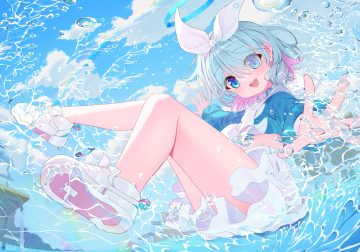 ajeu914 aqua eyes aqua hair arona (blue archive) blue archive bow braids choker clouds headband loli rainbow school uniform shirt short hair skirt sky water
