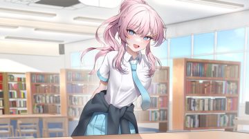 blue eyes book clouds erbium long hair original pink hair ponytail school uniform shirt skirt sky tie