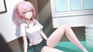 blue eyes erbium long hair navel original pink hair ponytail shirt shorts socks wet