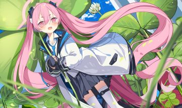 blue archive clouds fang force (fossan 01) garter gloves halo kurosaki koyuki leaves loli long hair pink eyes pink hair school uniform shirt skirt sky thighhighs tie twintails zettai ryouiki