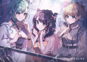 aqua hair brown hair cat smile hanabusa lisa kaga nazuna long hair ponytail purple eyes purple hair twintails umeume (totoya) vspo! watermark yakumo beni
