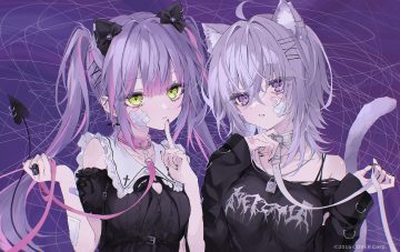 2girls animal ears bandaid bondage catgirl close collar demon goth-loli green eyes hololive lolita fashion long hair nekomata okayu purple hair si10ra tail tokoyami towa twintails watermark