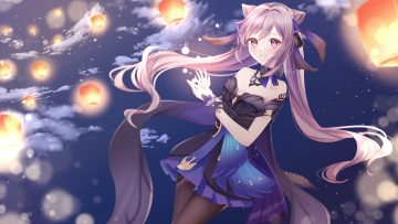 canary999 clouds dress genshin impact keqing (genshin impact) pantyhose purple eyes purple hair sky twintails watermark