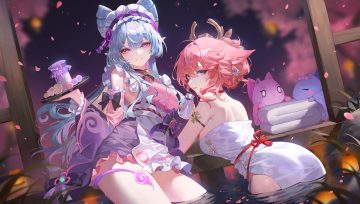 2girls animal ears apron aqua hair ass blue hair bow cherry blossoms chyoel drink flowers food foxgirl genshin impact headdress japanese clothes kimono lolita fashion long hair onsen petals pink hair pointed ears purple eyes tail towel water wet yae miko yumemizuki mizuki
