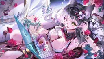 aliasing animal ears bath bathtub black hair blush breasts chocolate cleavage collar computer fang fangwan flowers leaves long hair original paper petals rose rubber duck valentine wink yellow eyes