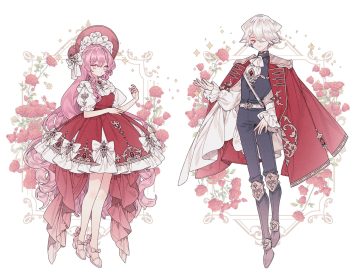 armor bow cape dress flowers gray eyes headdress lemon89h lolita fashion long hair male original pink hair red eyes rose short hair signed white white hair