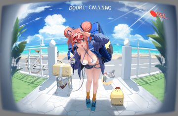 animal anthropomorphism azur lane beach bicycle bikini top bird blue eyes blush bow breasts camera cat smile chain cleavage clouds collar gallant (azur lane) grass hat leaves manjuu (azur lane) nopan pink hair robot shorts sky socks tagme (artist) torn clothes transparent water wet