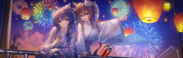 2girls animal ears anthropomorphism black hair bow brown hair clouds coca cola drink fireworks japanese clothes long hair night purple eyes rang c ribbons sky twintails uma musume: pretty derby verxina (umamusume) vivlos (umamusume) yukata