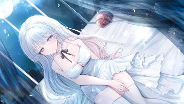 aliasing bicolored eyes blush braids breasts cleavage dress feathers gray hair kurage cc long hair moon night no bra original thighhighs
