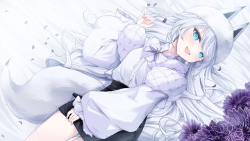animal ears aqua eyes blush bow flowers foxgirl gray hair hat kurage cc long hair petals shirt skirt tail