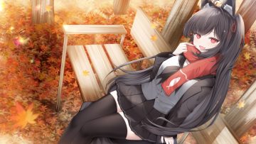 aliasing animal ears autumn black hair blush catgirl fang kurage cc leaves long hair original red eyes scarf school uniform skirt thighhighs
