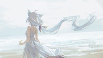 animal ears beach dress flowers foxgirl gray hair hololive hyde (tabakko) long hair polychromatic ponytail shirakami fubuki summer dress tail water