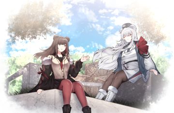 2girls animal ears arknights blush boots brown hair clouds gray hair hat leaves long hair military pantyhose rosa (arknights) samip school uniform shade skirt sky tie tree uniform zima (arknights)