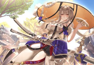 armor breasts brown eyes brown hair building cleavage drink goddess of victory: nikke katana leotard long hair minus zero69 sake samurai scarlet (nikke) sky sword thighhighs tree weapon