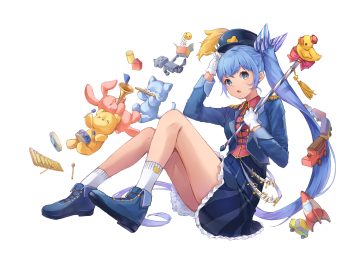 blue eyes blue hair bow bunny drums gloves hat instrument long hair poe (528yuzunon) ponytail robot rubber duck skirt socks teddy bear uniform wand white