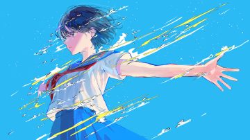black eyes black hair blue hagimorijia original school uniform shirt short hair sketch skirt water