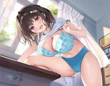 bloomers blush book bra breasts brown hair cameltoe gym uniform navel original oryou purple eyes shirt lift short hair underwear