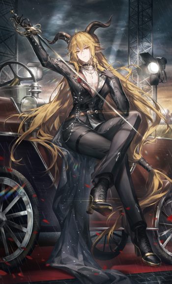 helen zzhao arknights degenbrecher (arknights) animal ears garter heels horns no bra official watermark open shirt sword uniform