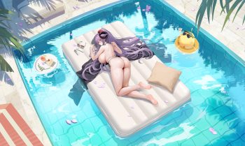 animal anthropomorphism ass azur lane barefoot bikini blush cake drink food friedrich carl (azur lane) glasses horns long hair manjuu (azur lane) petals pool purple hair swimsuit tagme (artist) water