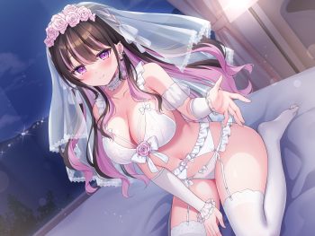 bed black hair blush bra braids breasts flowers garter belt headdress long hair navel night original panties purple eyes see through shiono (0303) sky stockings underwear