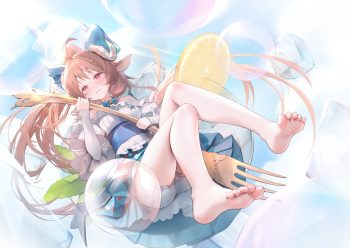 arknights barefoot blush bow braids brown hair bubbles dress eyjafjalla (arknights) food fruit horns long hair pink eyes sheepgirl upskirt zhenli-mari