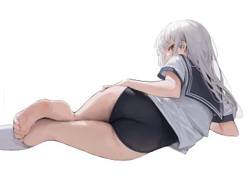 ass gray hair kneehighs leviathan (hikinito0902) long hair original red eyes school swimsuit school uniform swimsuit white
