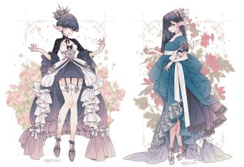 2girls au ra black hair blue eyes bow breasts cleavage crown dress final fantasy final fantasy xiv flowers garter belt horns lemon89h lolita fashion long hair short hair signed stockings white zettai ryouiki