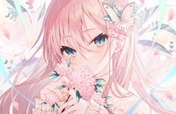 aqua eyes blush close flowers leaves long hair minasenagi original petals pink hair