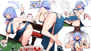 amau ako anus ass barefoot blue archive blue eyes blue hair blush breasts cat smile halo headband male navel nipples no bra nopan sensei (blue archive) shackles shiwudesu short hair tears torn clothes watermark white wristwear