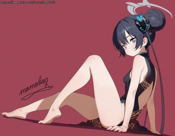barefoot black hair blue archive blush chinese clothes chinese dress dress gray eyes halo long hair momobug22 red ryuuge kisaki signed twintails watermark